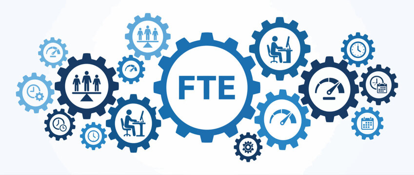 FTE concept banner with gears, full time equivalent workforce planning vector illustration