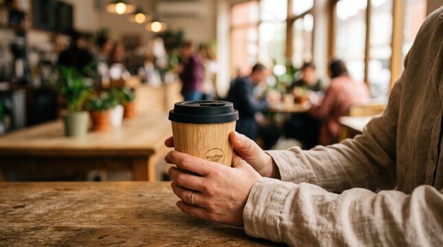 Close up of hands holding bamboo eco coffee cup with black lid in cozy cafe, sustainable lifestyle and morning routine concept