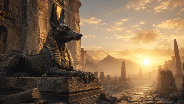 Sunlit ancient Egyptian jackal-headed guardian statue overlooking ruined temple and obelisk at golden sunrise