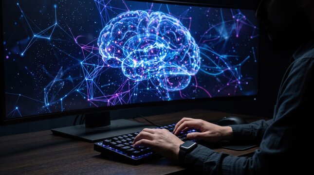 Programmer typing on keyboard with glowing digital brain visualization on computer monitor, coding artificial intelligence software