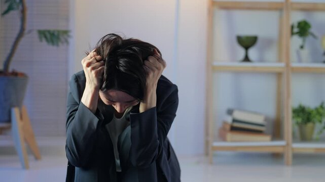 暗い部屋で落ち込むミドル女性。悩み、不安、心配、ストレス、うつ、絶望、メンタルヘルス、後悔、失敗