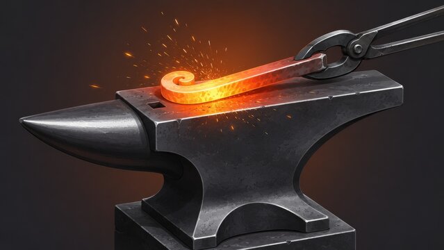 Glowing hot forged metal hook held with tongs on an anvil as sparks fly during blacksmith forging