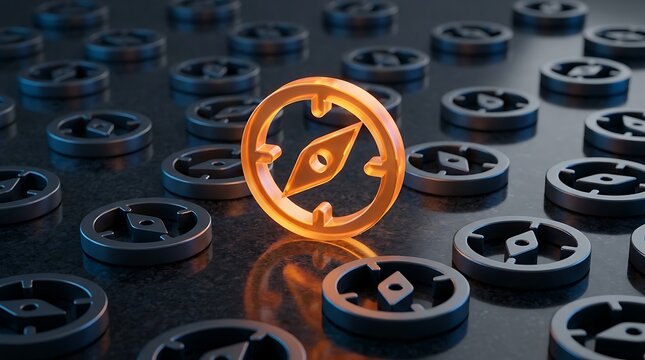 Glowing orange compass symbol standing out among many dark metallic compass icons on dark surface