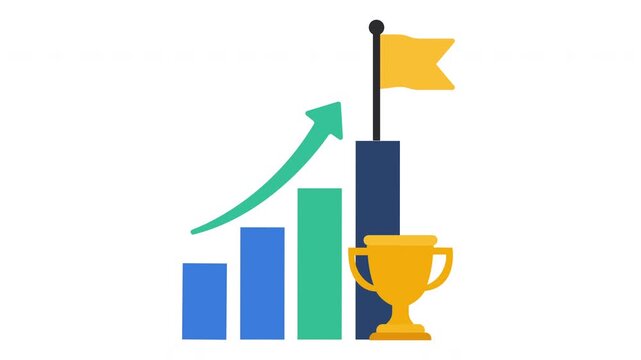 Business growth chart flat vector animation with green upward arrow, bar graph, flag and trophy icon