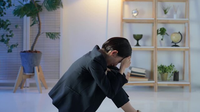 暗い部屋で落ち込むミドル女性。悩み、不安、心配、ストレス、うつ、絶望、メンタルヘルス、後悔、失敗