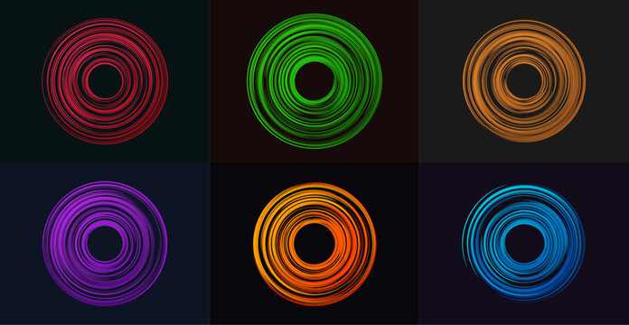 Abstract glowing neon circle set, futuristic light swirl rings in 6 colors, vibrant energy vortex vector elements for tech and music backgrounds