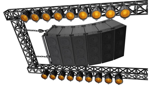 Professional line array speaker system with overhead truss and amber stage lights isolated on white background for concert and live event production.