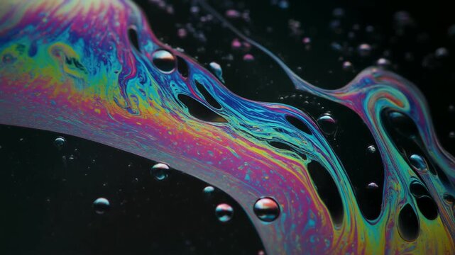 虹色に輝く油膜の質感と煌めく気泡