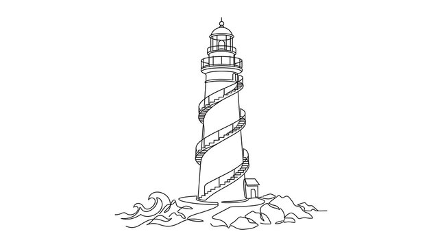 A striking lighthouse stands tall on a rocky outcrop, with waves crashing against its base. The lighthouse has a spiral staircase design on its exterior
