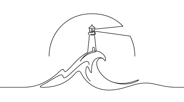 A minimalist line drawing of a lighthouse on an island amidst crashing waves with a half-circle sun in the background