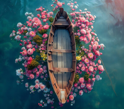 Serene overhead view Rustic wooden boat floats amidst vibrant floral bloom on tranquil water