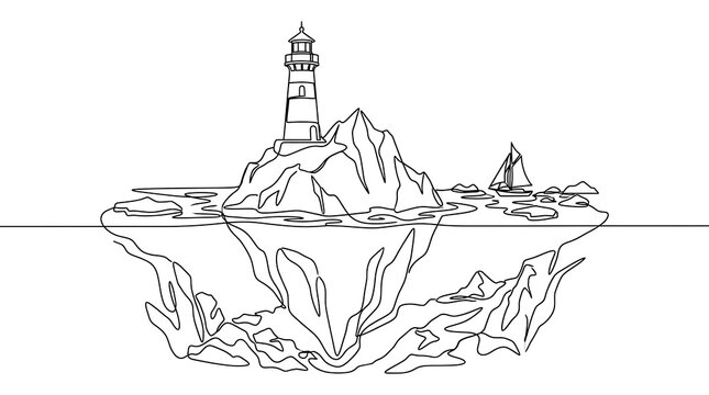 An abstract illustration depicting a lighthouse on a rocky island, with its reflection visible in the water below, created in a continuous line art style