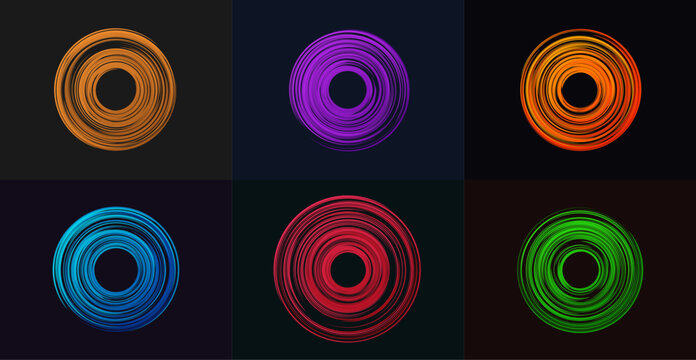 Abstract circular swirl logo set, 6 colorful vortex ring icons on dark background, dynamic spiral motion graphic elements for tech branding