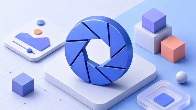 3D blue camera aperture icon and geometric blocks in a pastel minimal tech UI scene