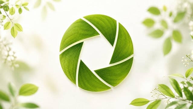 Green leaf camera aperture symbol made of overlapping leaves, eco and nature concept logo on a soft leafy white background