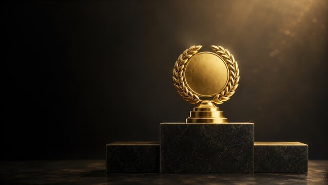 Gold laurel medal trophy on a black marble three-step podium under a dramatic spotlight