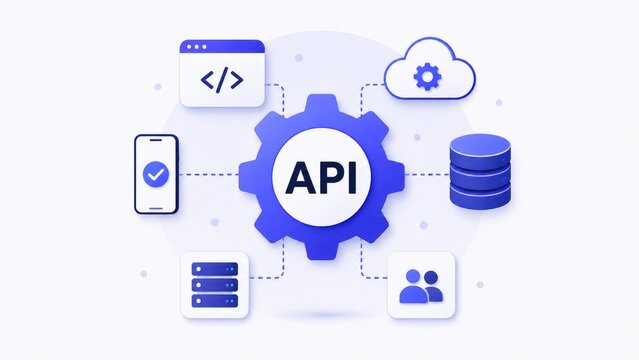 Blue API concept illustration showing a central gear labeled API connected to cloud, database, mobile, server, and user icons