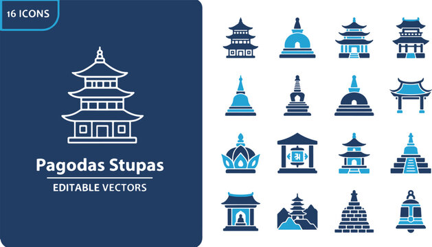Vector icon set of Asian pagodas and stupas featuring traditional Buddhist temple architecture