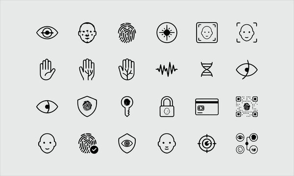 Biometric scan line icon set. Eye recognition, face detection mapping, fingerprint minimal vector illustrations. Outline pictograms for identity authentication. Blue duotone color. Editable Stroke.lin