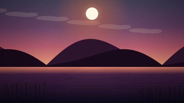 Minimalist vector landscape illustration featuring dark hills, calm water, and a glowing moon in a twilight sky