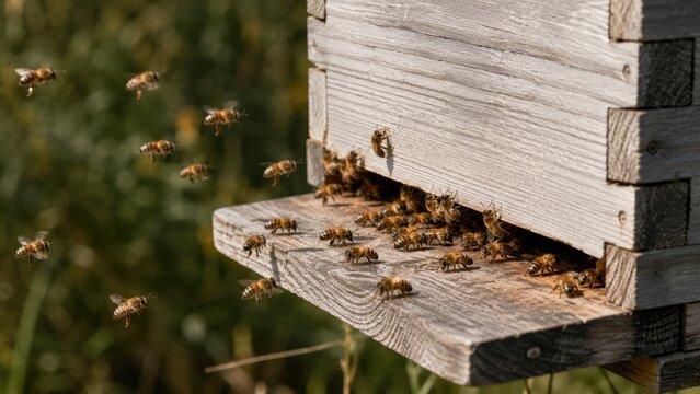 Busy wooden beehive entrance with honeybees flying and clustered on a sunlit landing board in a grassy meadow