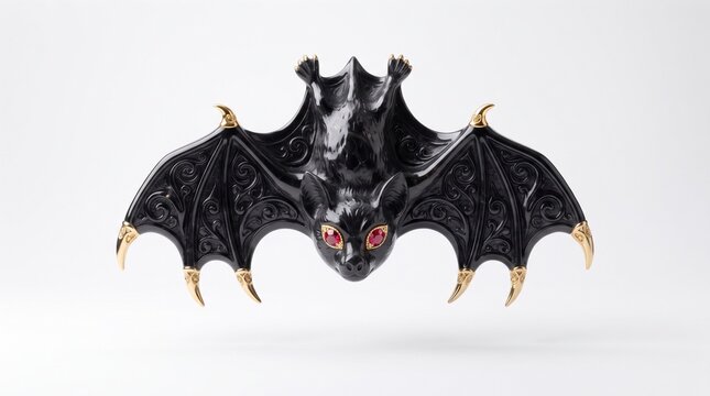 Spooky Gothic Black and Gold Bat Figurine Jewelry with Red Eyes on White Background