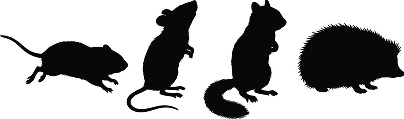 Obraz premium Set of black silhouettes of small rodents and mammals including mouse and hedgehog