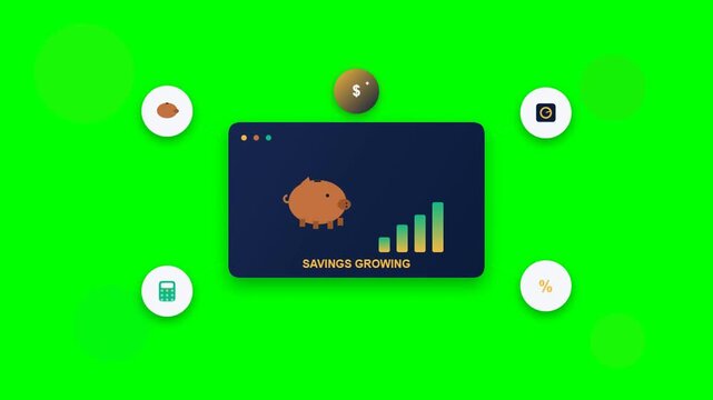 Financial savings growth interface concept with piggy bank and icons on green screen background