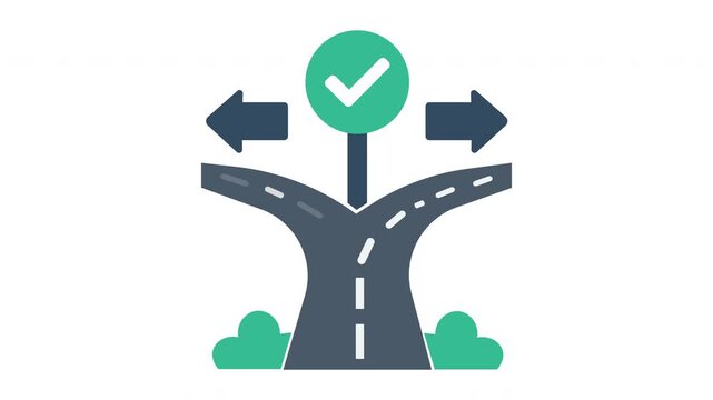 Road fork with arrows and checkmark flat vector animation, business decision and direction concept
