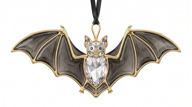 Spooky Gothic Gold and Grey Bat Pendant Jewelry with Crystal Gemstone Body and Ribbon on White Background