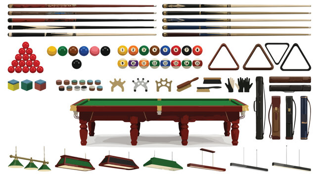 Professional billiard equipment collection, snooker table and pool accessories set, realistic vector sports gear for game room design isolated PNG with Transparent Background