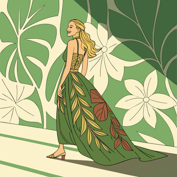 Adobe Illustrator Artwork  a digital fashion illustration featuring a woman in a green dress with leaf motifs against a tropical backdrop.