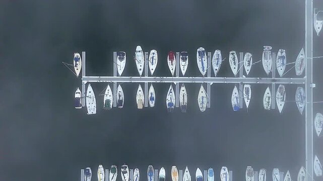 Top view of boats arranged in a marina harbor
