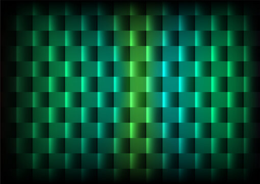 Abstract green and blue checkered grid background with glowing central light effect. Modern technology and digital concept.