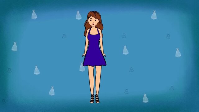 2D animation of a attractive young woman wearing a short blue dress standing isolated blue pattern background