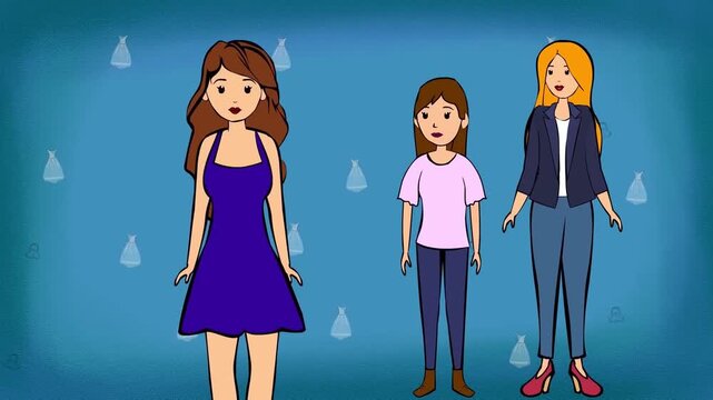 2D animation of three women standing together and talking family relationship or friends blue pattern background
