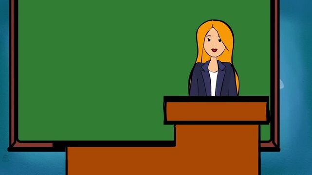 2D animation of a blonde woman standing behind a wooden teacher desk with blackboard background education concept