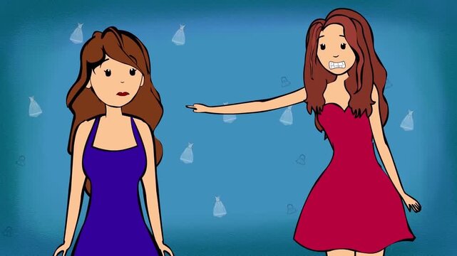 2D animation of two young women in colorful dresses having a conversation side by side blue pattern background