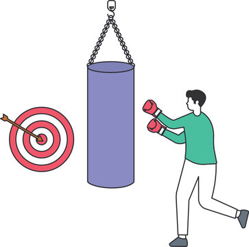 Business strategy concept man boxing punching bag with wrong focus on training ignoring the business goal and target arrow for skill improvement and career development