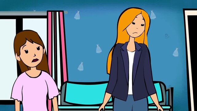 2D animation of a blonde mother standing and talking to her young daughter in a bedroom interior parenting concept