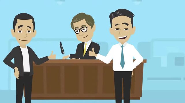 2D animation of three businessmen standing in a legal courtroom or government committee room meeting concept