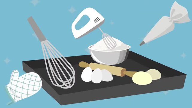2D animation of baking tools, mixer, whisk, piping bag, eggs, and flour on a tray baking preparation concept