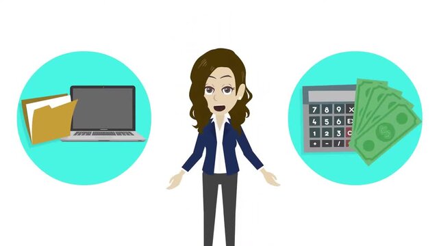 2D animation of a businesswoman standing between online tech and financial calculator cash money icons work concept