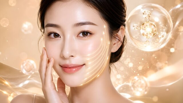 Beautiful Asian woman with golden lifting lines for facial skin tightening.