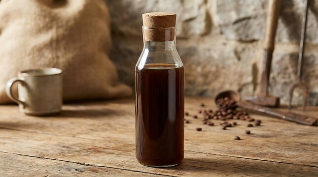 Cold Brew Coffee Bottle with Beans and Rustic Background, Artisanal Beverage for Cafe or Home Enjoyment