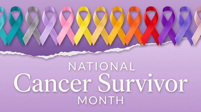 National cancer survivor month background with a row of colorful awareness ribbons on a soft purple textured backdrop