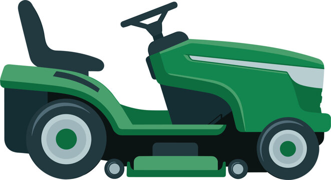 Green riding lawn mower vector illustration for garden maintenance landscaping grass cutting and yard work