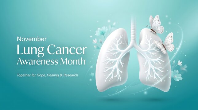Medical illustration of human lungs on a teal background for lung cancer awareness month health education campaign