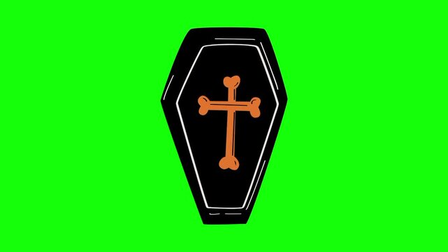 Halloween coffin with cross sign, trick or treat icon sign, isolated on green screen. Vector cartoon animation. Advertisement, illustration idea, party and celebration symbol. Element for video.