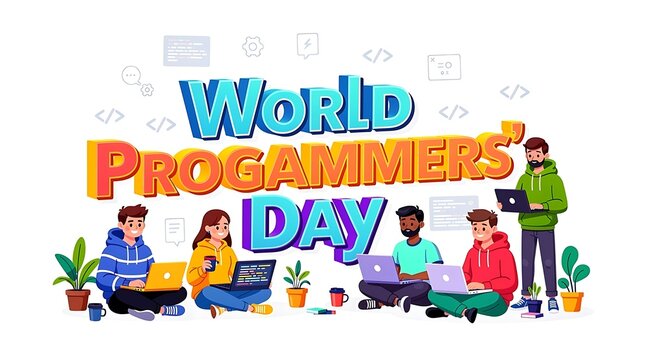 World Programmer Day celebration with diverse developers coding on laptops